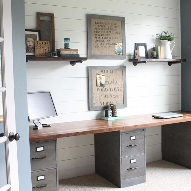 Office makeover with duo work areas and a plank wall.
