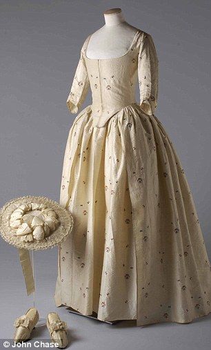 silk brocade gown , matching shoes and straw hat worn by Jane Bailey to her 1780 marriage to James Wic