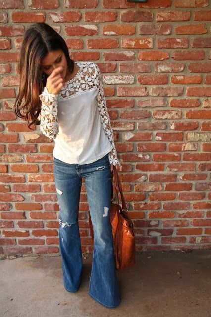 Stitch fix spring summer fashion trends 2016.  Flare Jean. Khaki top with lace detail. Saddle colored