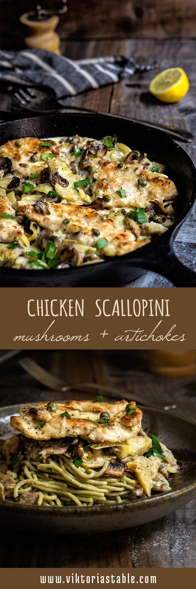 The best chicken scaloppine recipe – sauteed mushrooms and artichokes, smoky pancetta and tangy capers