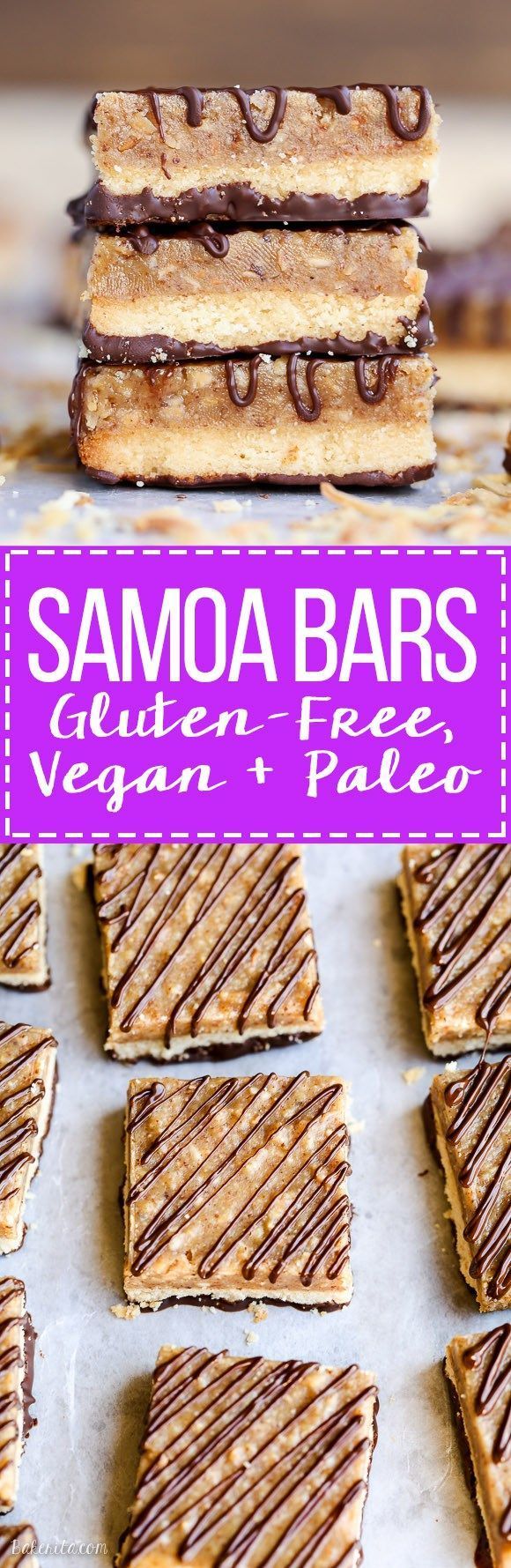 These Samoa Bars have a shortbread crust, a layer of toasted coconut caramel, and a dark chocolate dri