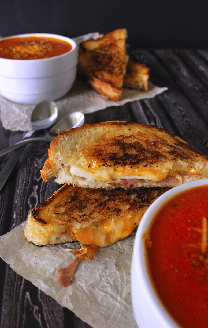Thick & Creamy Tomato Basil Soup with Prosciutto, Apple & Gruyere Grilled Cheese