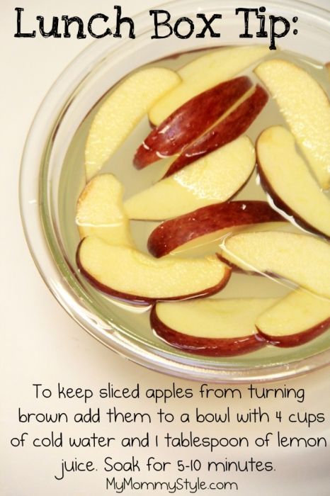 To keep apple slices from turning brown, soak in 4 cups cold water + 1 tbsp lemon juice for 5-10 min.