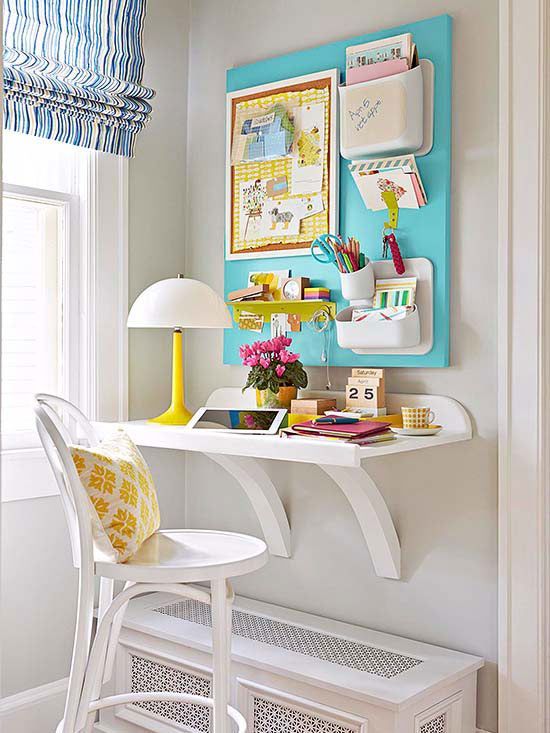 Transform the smallest of corners into a storage-packed office by utilizing wall space. Here, a wall-m