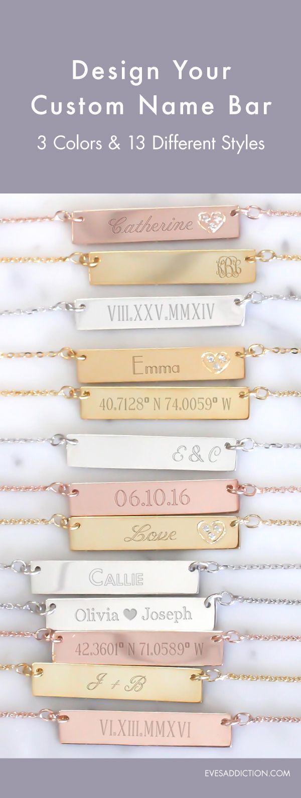 Try any of 13 ways to stylize your name bar necklace! From custom coordinates, dates, roman numerals,