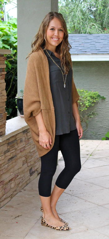 Tunic sweater and top with leggings and leopard flats