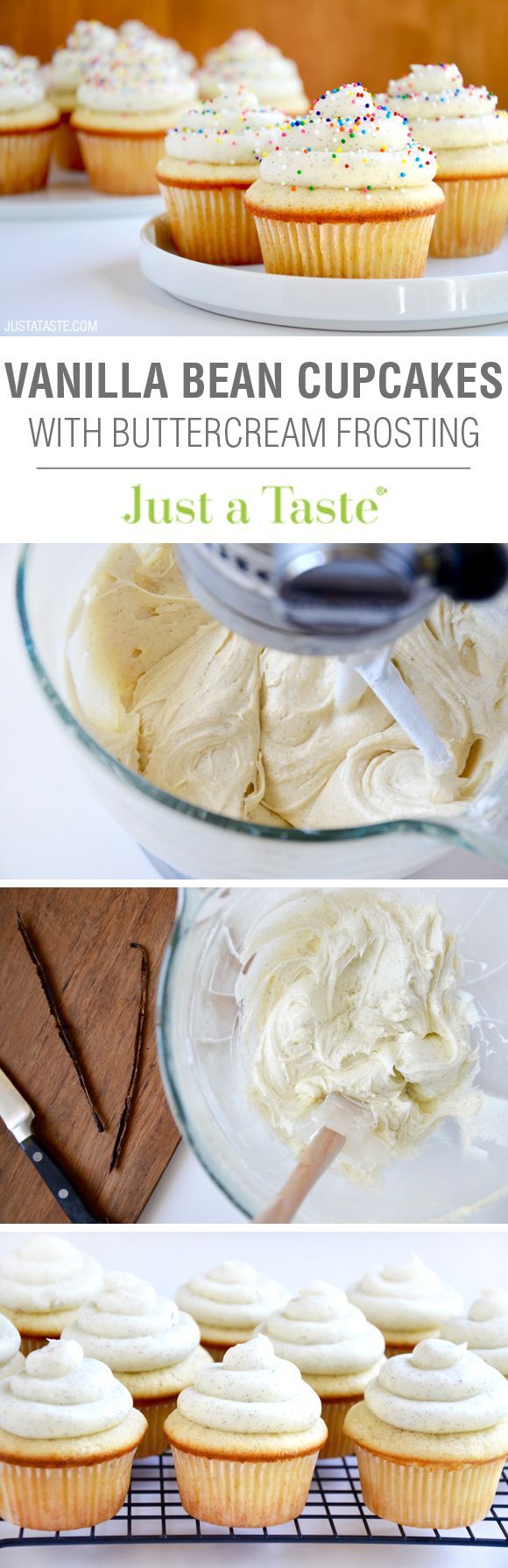 Vanilla Bean Cupcakes with Buttercream Frosting recipe via justataste.com
