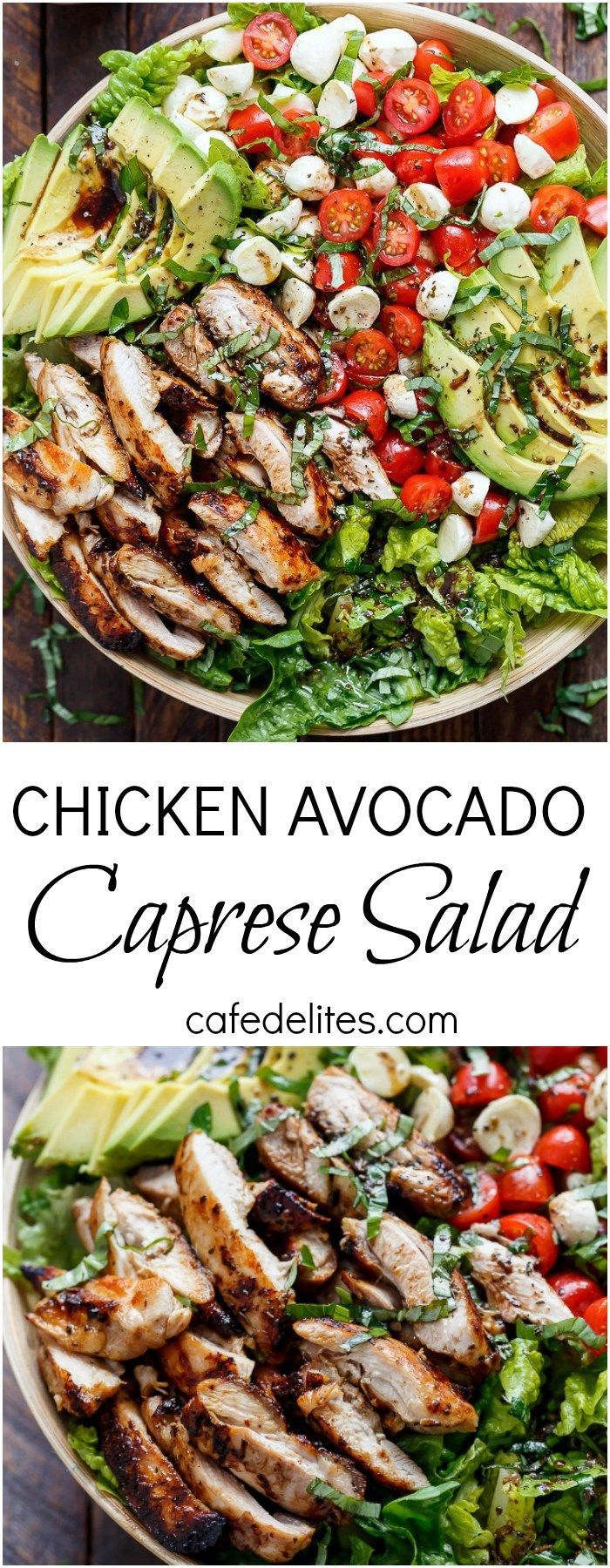 Balsamic Chicken Avocado Caprese Salad is a quick and easy meal in a salad drizzled with a balsamic dr