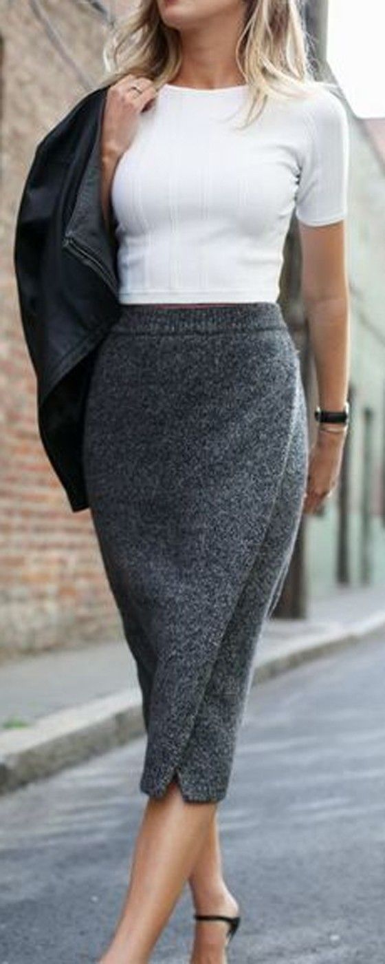 Grey Plain Split Fashion Dacron Skirt