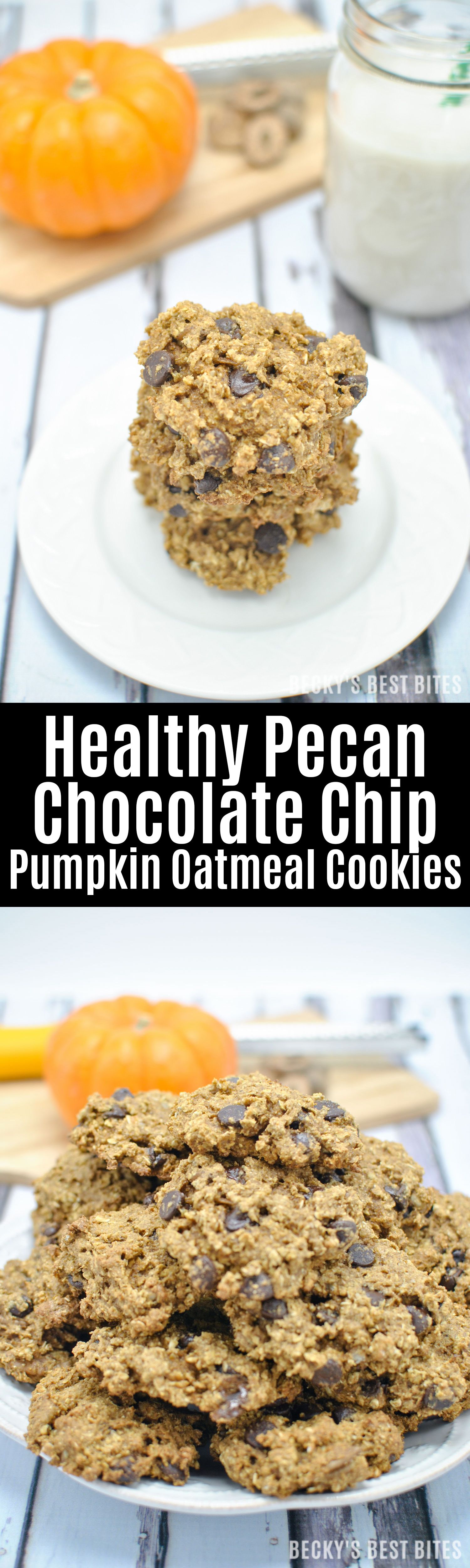 Healthy Pecan Chocolate Chip Pumpkin Oatmeal Cookies are a fall treat with no guilt! They include no b