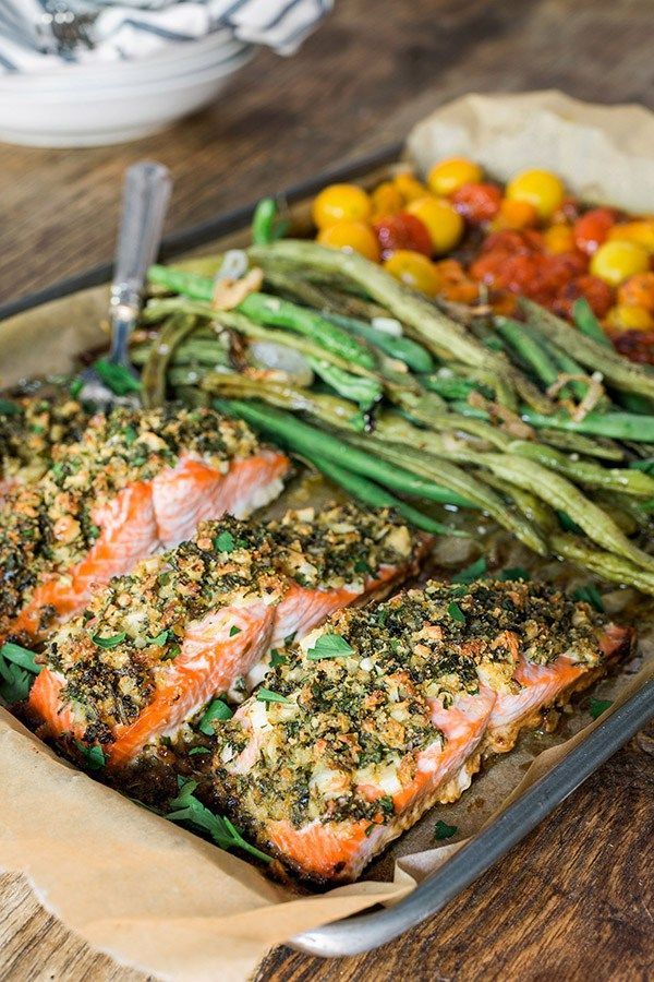 Herb crusted salmon with green beans and cherry tomatoes, recipe @Waiting On Martha