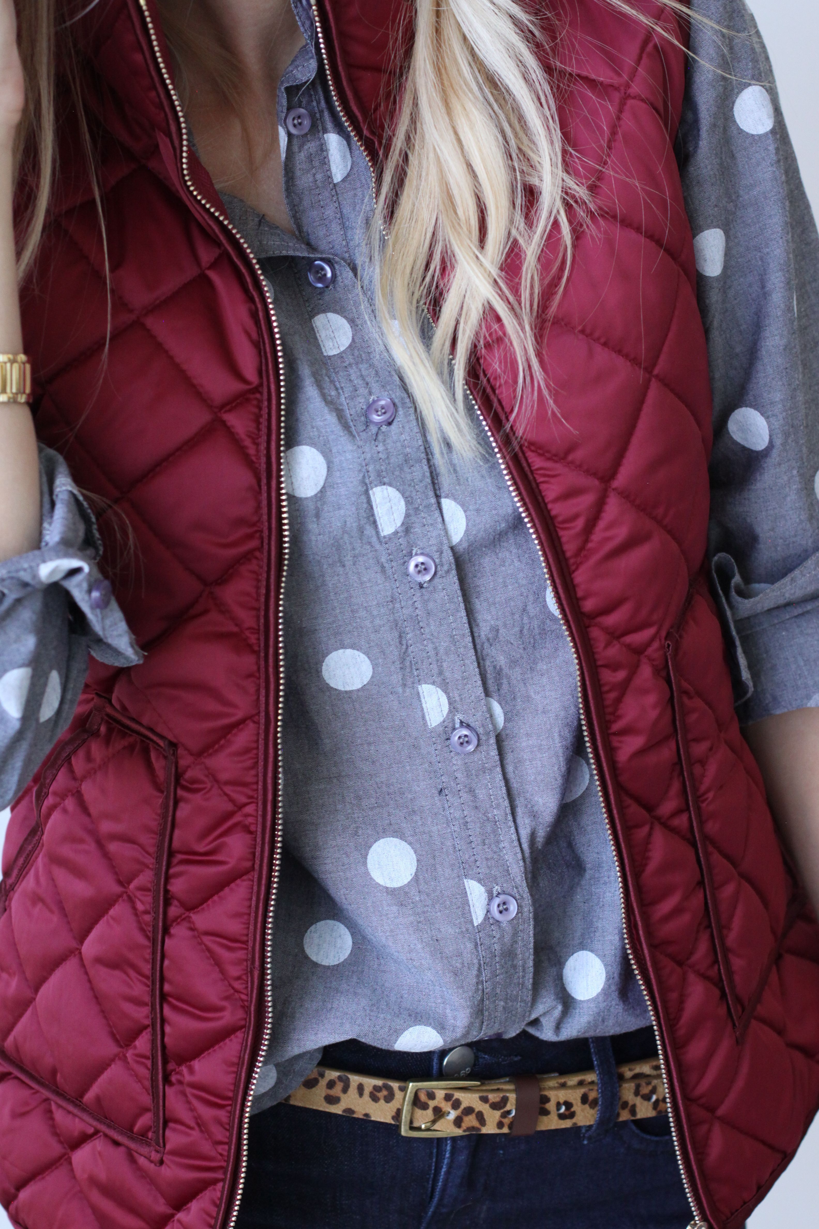 LOVE the polka dots and burgundy puffer vest.
