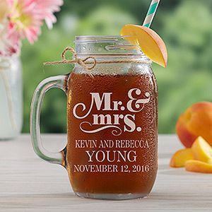 LOVE these personalized Wedding Mason Jars! You can personalize them with Mr. and Mr., Mrs. and Mrs. o