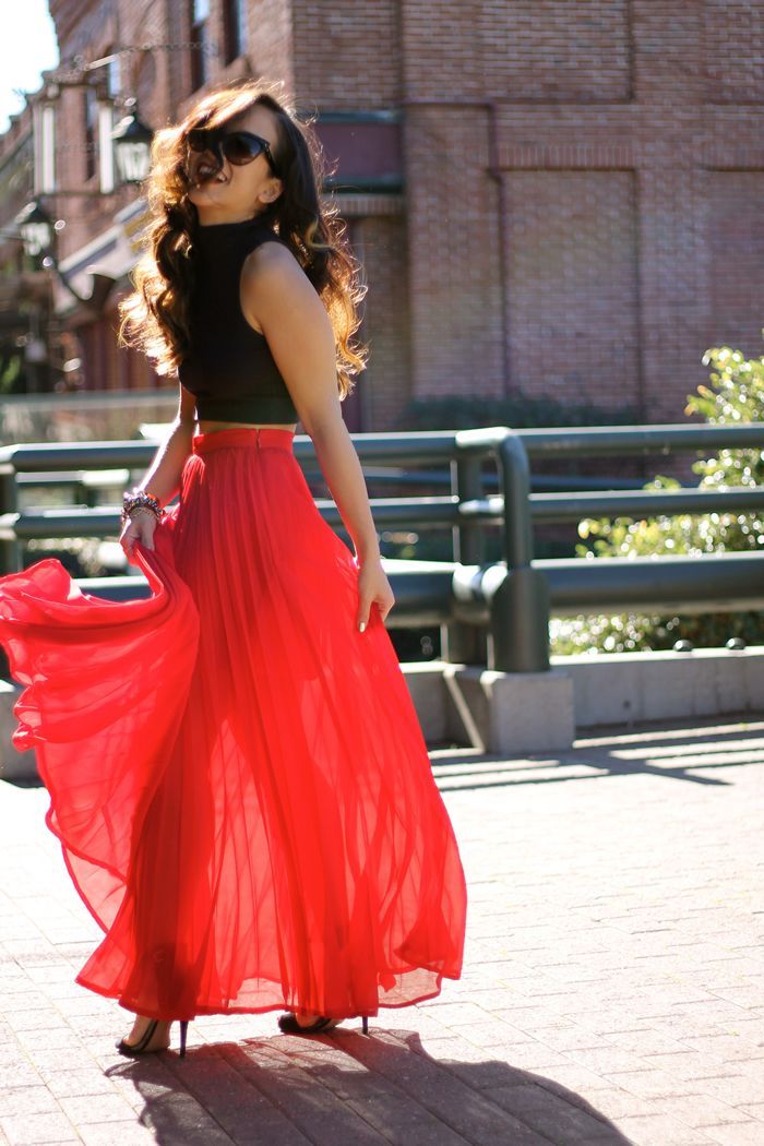 maxi sheer, high waisted skirt. Crop top. Too cute. If only that much of my skin showed I would actual