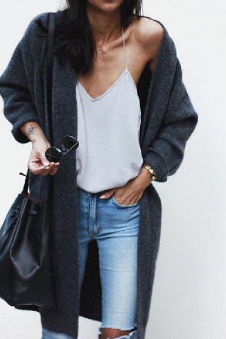 nice street style – skinny jeans, white top, grey long cardigan… by…