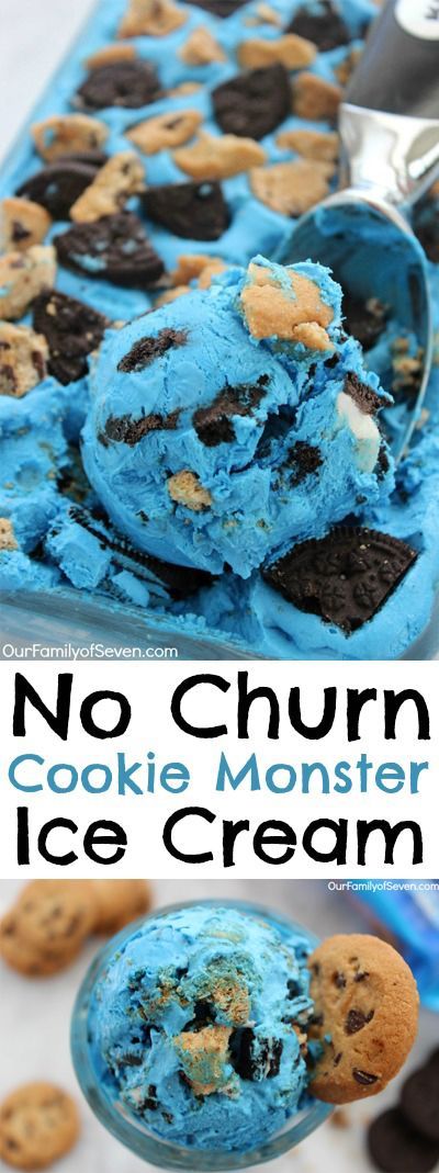 No Churn Cookie Monster Ice Cream with Oreo and chocolate chip cookies