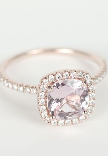 Peach Pink Cushion Sapphire Diamond Halo Engagement Ring.