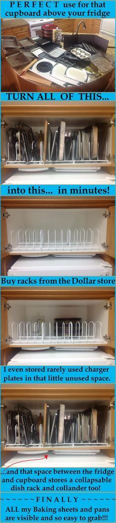 Put that hard-to-reach cupboard above the fridge to AWESOME use! See ALL your baking sheets and pans w