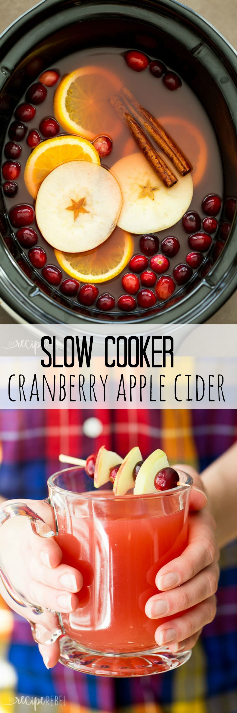 The perfect holiday drink, this Slow Cooker Cranberry Apple Cider is made with apple, cranberry and or