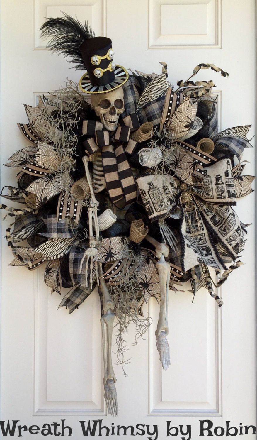 XL Halloween Skeleton Deco Mesh Wreath in Tan & Black, Front Door Wreath…