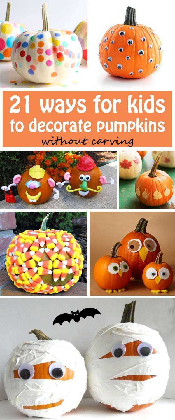 21 ways for kids to decorate pumpkins without carving: use leaves, confetti…