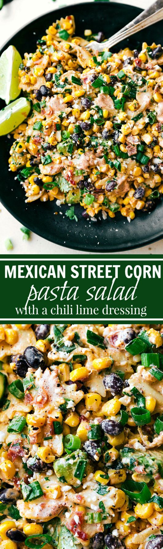 A delicious MEXICAN STREET CORN Pasta salad with tons of veggies, bacon, and a sim
