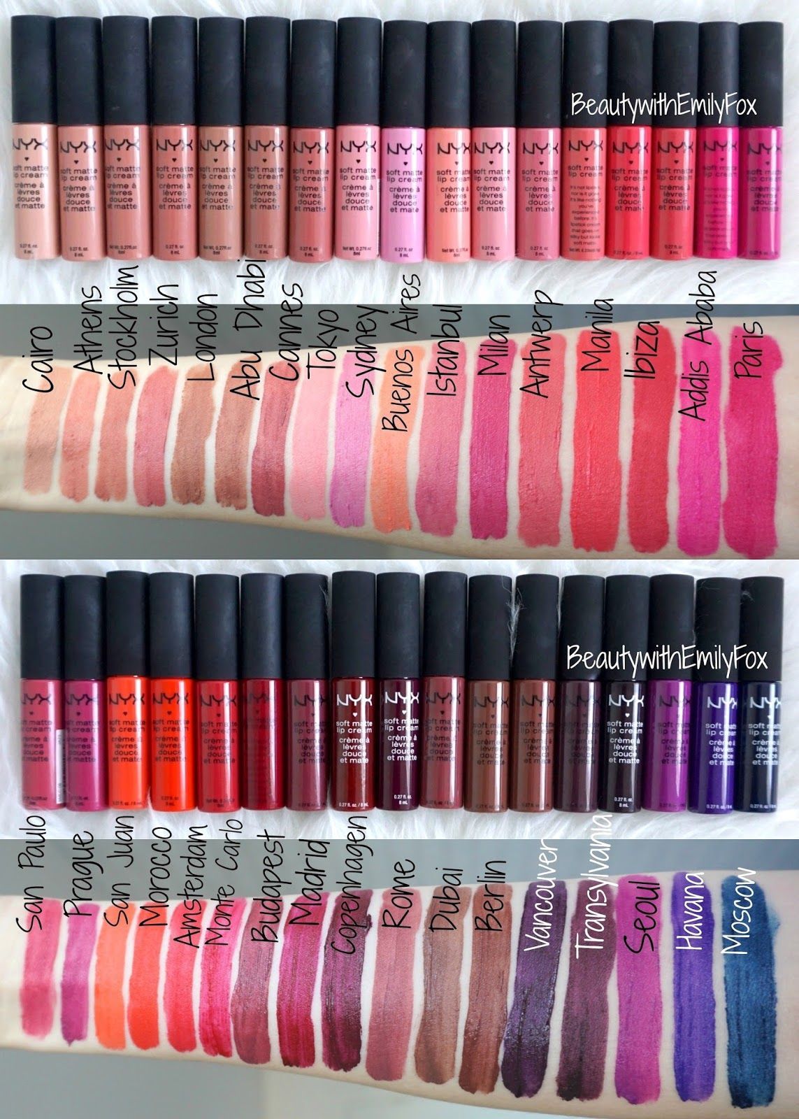 All 34 shades of the NYX Soft Matte Lip Cream – Swatches: Cairo, Athens, Stockholm