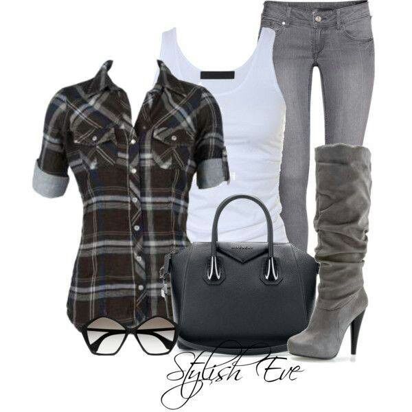 Brown flannel with blue lining, white tank, gray jeans, and boots/purse.