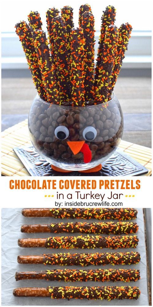 Chocolate covered pretzels make fun tail feathers in this easy to make turkey…