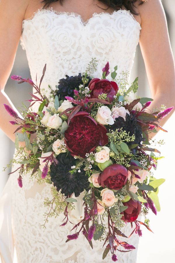 Deep burgundy and purple mixed wedding bouquet: www.stylemepretty… | Photography