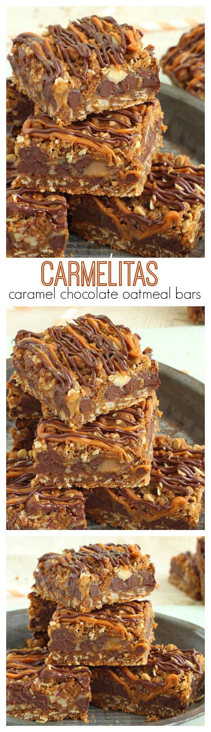 Easy to make oatmeal cookie bars filled with gooey caramel and oozing chocolate, t