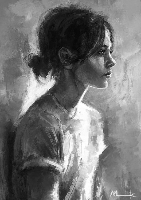 Elina – Monochromatic digital painting. A woman is painted in black and white colo