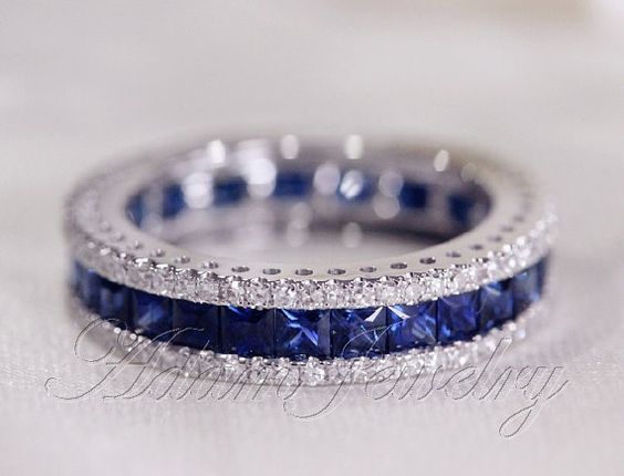 Fantastic Princess Cut Natural Ceylon Sapphires Ring Diamonds Engagement Ring 14K