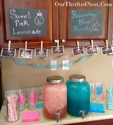 Gender Reveal Party: Blue Punch and Pink Lemonade Drink Station and Decorations