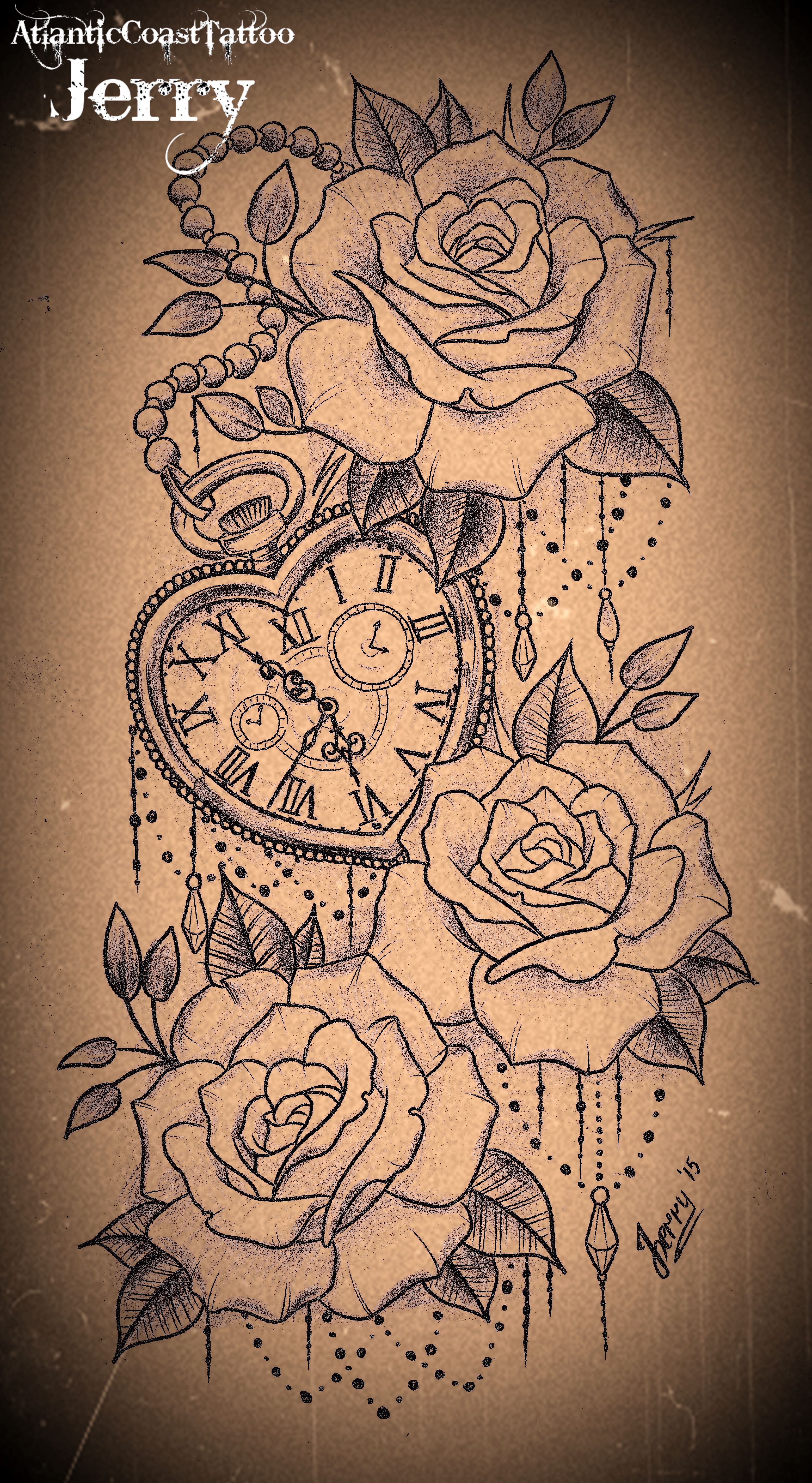 heart shaped pocket watch and roses tattoo design.