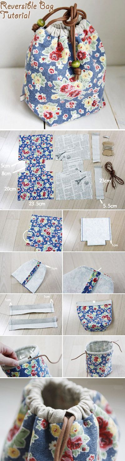 How to Make a Reversible Drawstring Bag. DIY Pattern & Tutorial   www.handmadiya.c