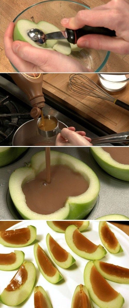 Inside Out Caramel Apples Slices maybe add some nuts before it hardens or drizzle