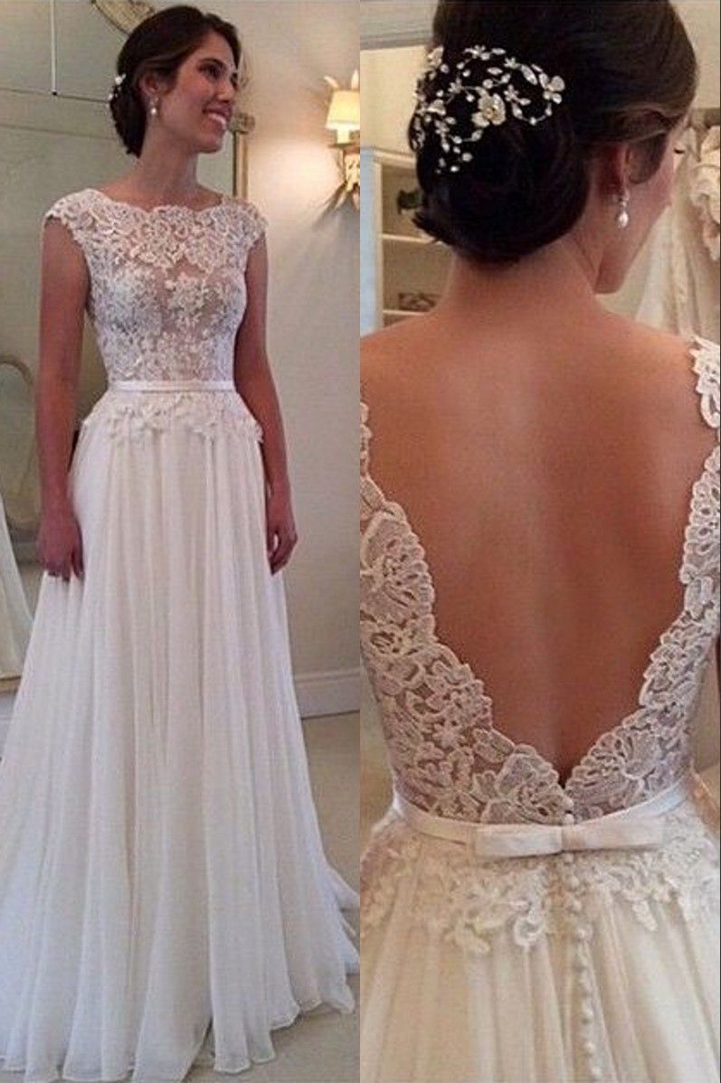 Lace Chiffon Backless A-line Wedding Dresses Capped Sleeves Sweep Train Summer Bri