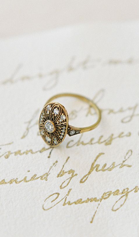 LOVE this gold vintage-inspired engagement ring! Shop TrumpetandHorn.com for more