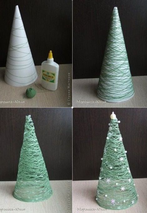 Made with a paper cone and yarn. Dip the yarn in Elmers glue and while it&#39