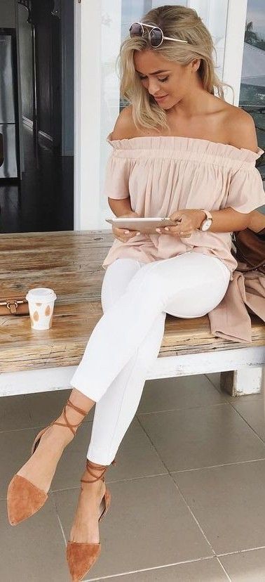 Nude Off The Shoulder Top + White Pants