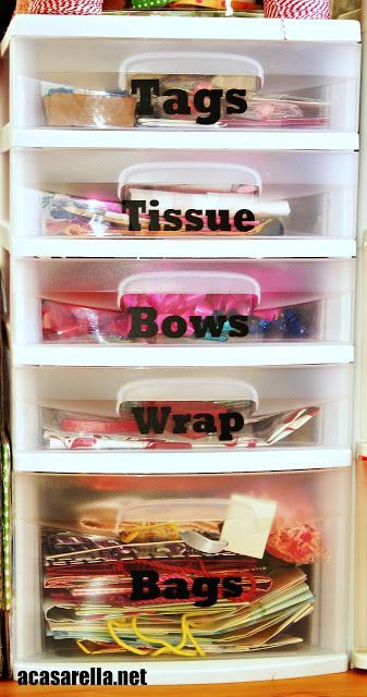 Organizing gift wrapping supplies with labels. Love this idea!