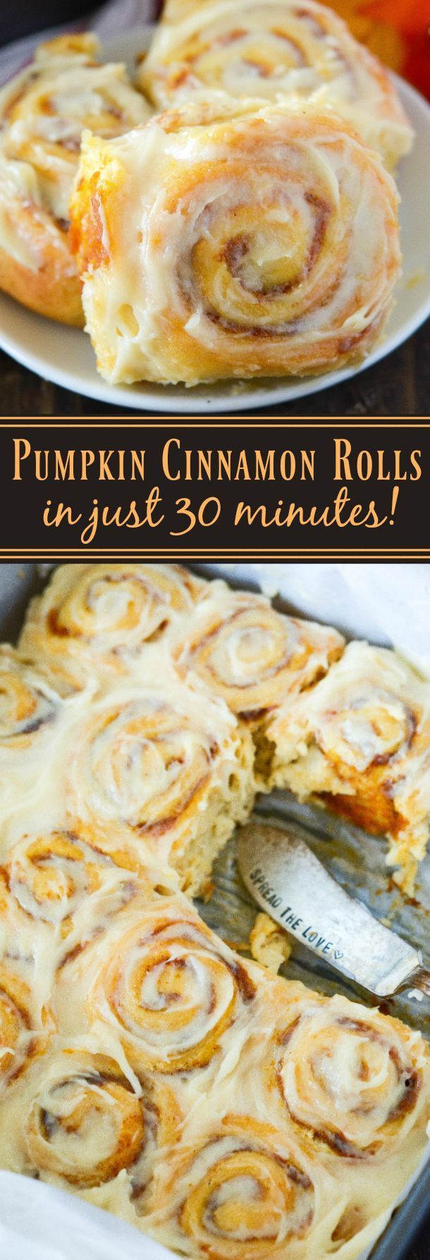 Pumpkin Cinnamon Rolls made in just 30 minutes! Sweet pumpkin cinnamon rolls are m