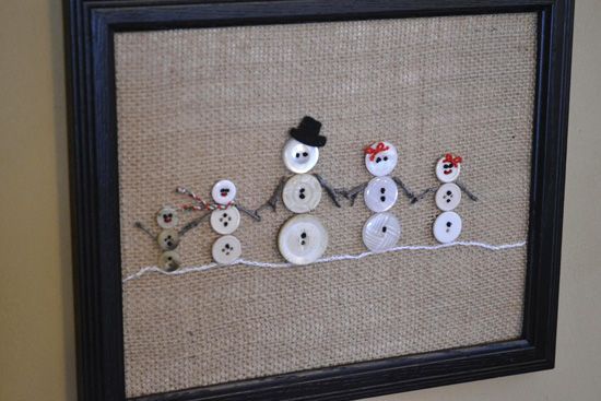 Snowman family button artwork…. omg so cute w black buttons for the dog and grey