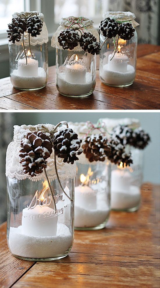 Snowy Pinecone Candle Jars | Click for 28 Easy DIY Christmas Decorations for Home