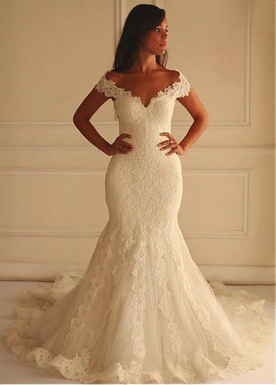 Stunning Tulle Off-the-shoulder Neckline Mermaid Wedding Dress With Lace Appliques
