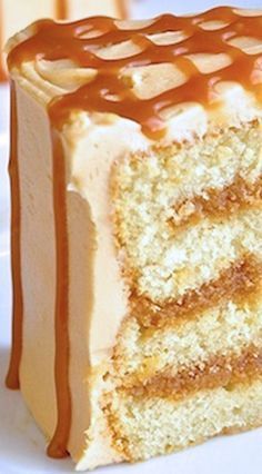 The Best Caramel Cake Recipe ~ The moist vanilla cake gets filled with layers of h