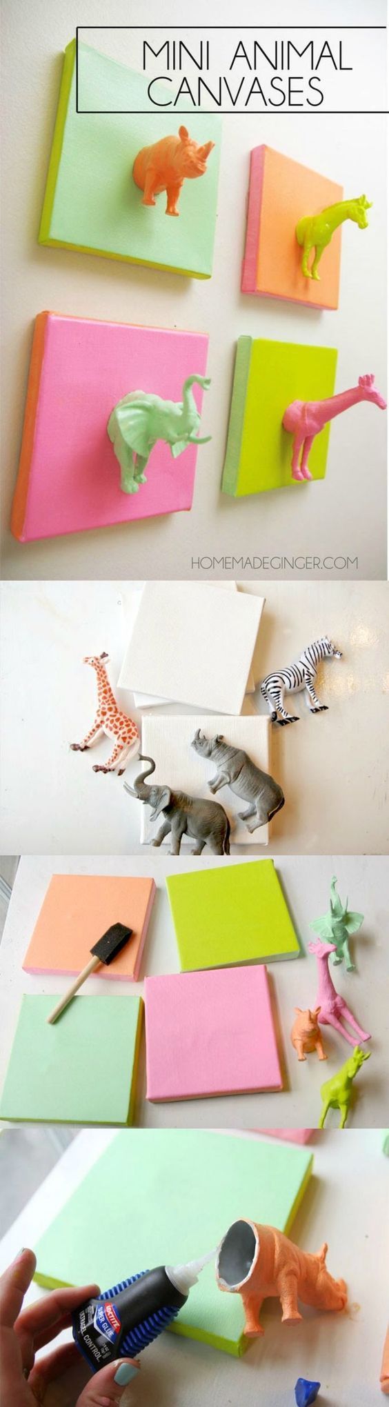 This cute DIY canvas project made with plastic animals is such a fun and easy idea