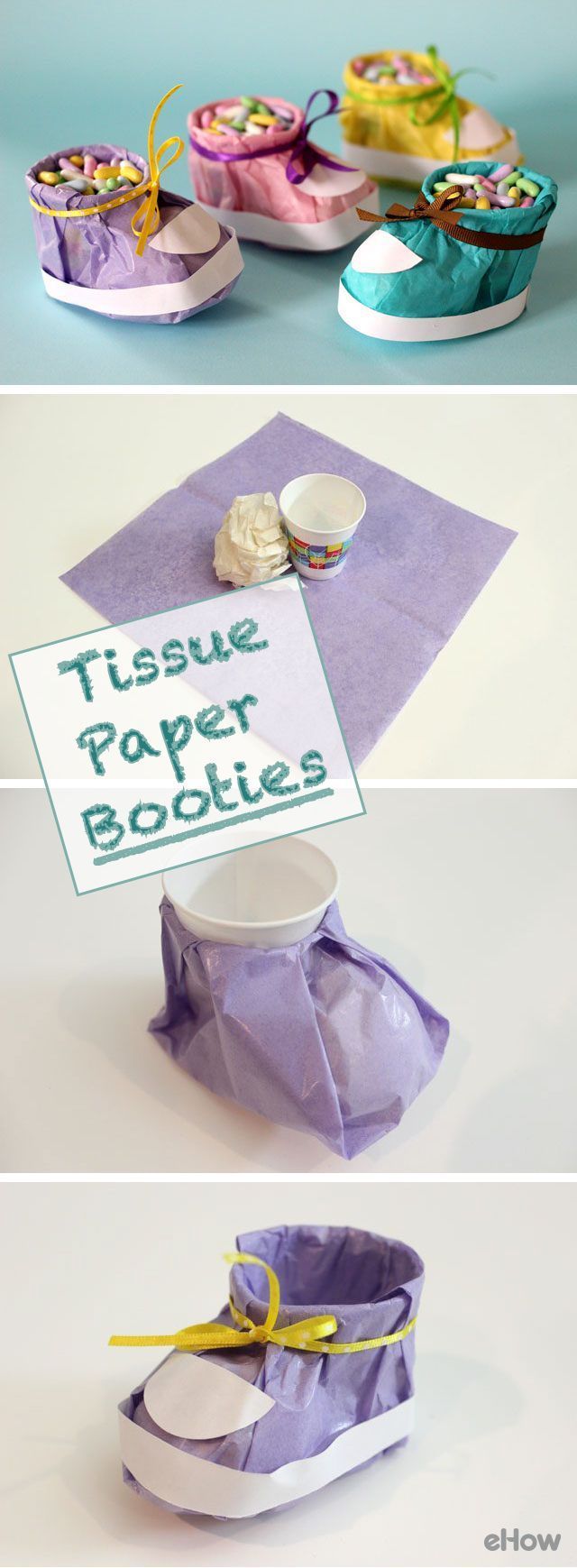 What an adorable party favor for a baby shower! Baby tissue paper booties filled w