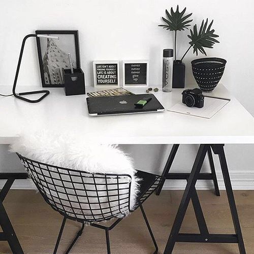 white desk w/ black hairpin legs black wire chair w/ white pillow or throw add bla